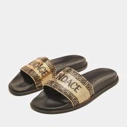 Fendi x Versace Gold Metal and Leather Flat Slides Size 44