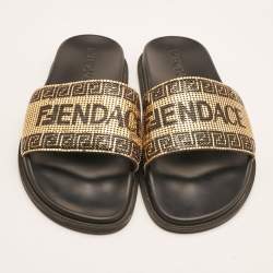 Fendi x Versace Gold Metal and Leather Flat Slides Size 44