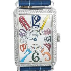 Pre Owned Franck Muller Silver Stainless Steel Diamonds Alligator Long Island Color Dreams 1200SC Men's Wristwatch 32 mm 