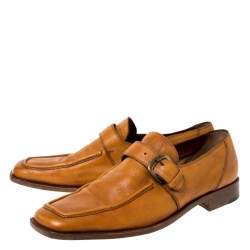 Pre Owned  حذاء لوفرز فراتيلي روزيتي شريط مونك جلد بني مقاس 44.5