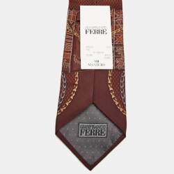 Gianfranco Ferre Brown Chain and Crest Printed Silk Tie