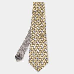 Pre Owned Gianni Versace Vintage Yellow Geometric Pattern Silk Jacquard Tie