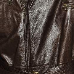 Pre Owned Gianni Versace Brown Leather Zip Front Belted Coat XL