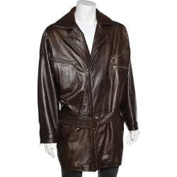 Pre Owned Gianni Versace Brown Leather Zip Front Belted Coat XL