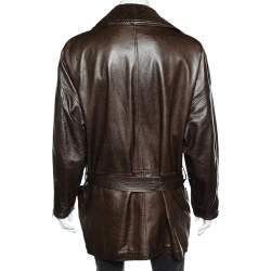 Pre Owned Gianni Versace Brown Leather Zip Front Belted Coat XL