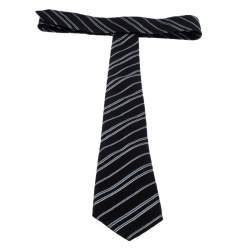 Pre Owned Giorgio Armani Black Diagonal Striped Silk Jacquard Classic Tie