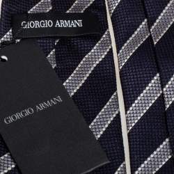 Pre Owned Giorgio Armani Navy Blue Striped Jacquard Silk Tie