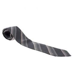 Giorgio Armani Grey Contrast Diagonal Striped Silk Jacquard Traditional Tie 