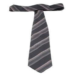 Giorgio Armani Grey Contrast Diagonal Striped Silk Jacquard Traditional Tie 