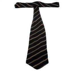 Giorgio Armani Cravatte Black and Beige Diagonal Striped Jacquard Traditional Tie
