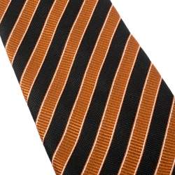 Pre Owned Giorgio Armani Vintage Orange and Black Diagonal Striped Silk Jacquard Tie
