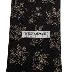 Pre Owned Giorgio Armani Black Floral Print Textured Silk Blend Traditional Tie