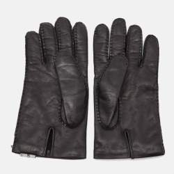 Pre Owned Giorgio Armani Black Leather Stitch Detail Gloves L