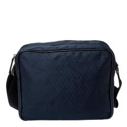 Giorgio Armani Navy Blue Monogram Fabric and Leather Front Zip Pocket Messenger Bag