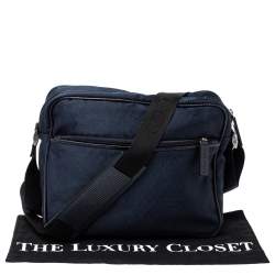 Giorgio Armani Navy Blue Monogram Fabric and Leather Front Zip Pocket Messenger Bag