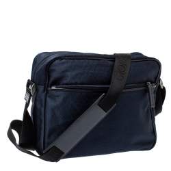 Giorgio Armani Navy Blue Monogram Fabric and Leather Front Zip Pocket Messenger Bag