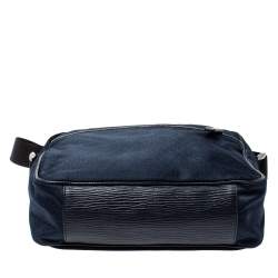 Giorgio Armani Navy Blue Monogram Fabric and Leather Front Zip Pocket Messenger Bag