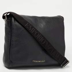 Giorgio Armani Black Leather Logo Flap Messenger Bag