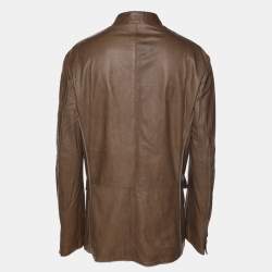 Pre Owned Giorgio Armani Khaki Leather Jacket XXXL
