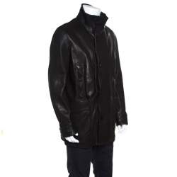 Pre Owned Giorgio Armani Black Lambskin Leather High Neck Jacket XL