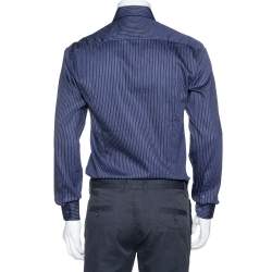 Pre Owned Giorgio Armani Navy Blue Pinstriped Cotton Long Sleeve Shirt M
