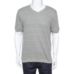 Giorgio Armani Grey Chevron Knit Short Sleeve Sweater 2XL