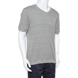 Giorgio Armani Grey Chevron Knit Short Sleeve Sweater 2XL