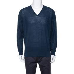 Giorgio Armani Navy Blue Jaquard Knit V-Neck Sweater XXL