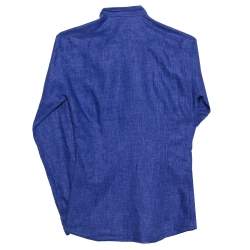 Pre Owned Giorgio Armani Blue Linen Stand Collar Zipper Front Shirt S