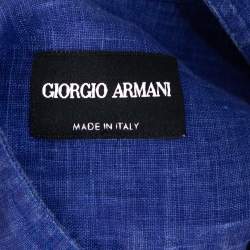 Pre Owned Giorgio Armani Blue Linen Stand Collar Zipper Front Shirt S