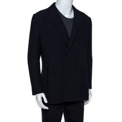 Pre Owned Giorgio Armani Navy Blue Textured Knit Double Breasted Blazer XXL