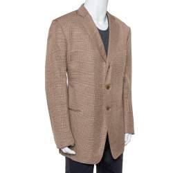 Giorgio Armani Brown Micro Check Patterned Linen Button Front Blazer 5XL