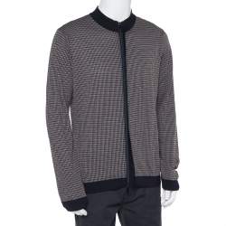 Giorgio Armani Navy Blue & Beige Patterned Knit Zipper Front Jacket XXL