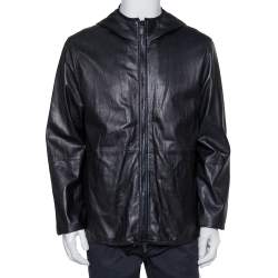 Pre Owned Giorgio Armani Black Leather Hooded Zip Front Jacket XXL