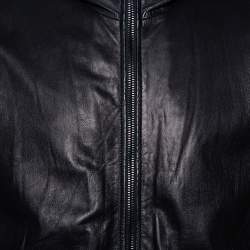 Pre Owned Giorgio Armani Black Leather Hooded Zip Front Jacket XXL