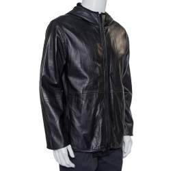 Pre Owned Giorgio Armani Black Leather Hooded Zip Front Jacket XXL