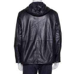 Pre Owned Giorgio Armani Black Leather Hooded Zip Front Jacket XXL