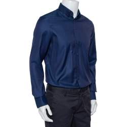 Pre Owned Giorgio Armani Navy Blue Patterned Silk Button Front Shirt L