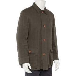 Pre Owned Giorgio Armani Olive Green Linen Button Front Blazer L