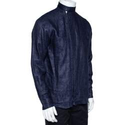 Pre Owned Giorgio Armani Navy Blue Linen Stand Collar Zipper Front Shirt M