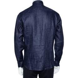 Pre Owned Giorgio Armani Navy Blue Linen Stand Collar Zipper Front Shirt M