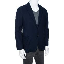 Pre Owned Giorgio Armani Navy Blue Waffle Knit Single Breasted Blazer L