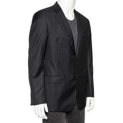 Pre Owned Giorgio Armani Charcoal Grey Striped Wool Single Breasted Soft Fit Blazer XL