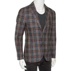 Pre Owned Giorgio Armani Grey Checkered Wool & Silk Single Breasted Blazer L