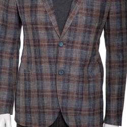 Pre Owned Giorgio Armani Grey Checkered Wool & Silk Single Breasted Blazer L