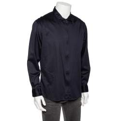 Pre Owned Giorgio Armani Navy Blue Stretch Cotton Zip Front Shirt 4XL