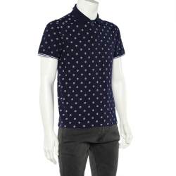 Pre Owned Giorgio Armani Navy Blue Allover Logo Printed Cotton Pique Polo T-Shirt XL