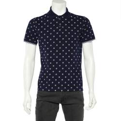 Pre Owned Giorgio Armani Navy Blue Allover Logo Printed Cotton Pique Polo T-Shirt XL