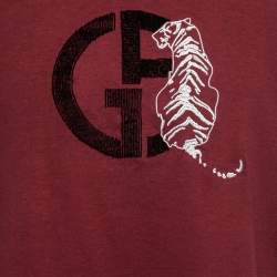 Pre Owned Giorgio Armani Burgundy Cotton Knit Logo Detail Round Neck T-Shirt XL