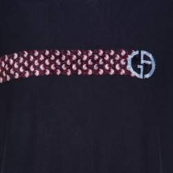 Pre Owned Giorgio Armani Navy Blue Flocked Logo Detail Knit T-Shirt 3XL